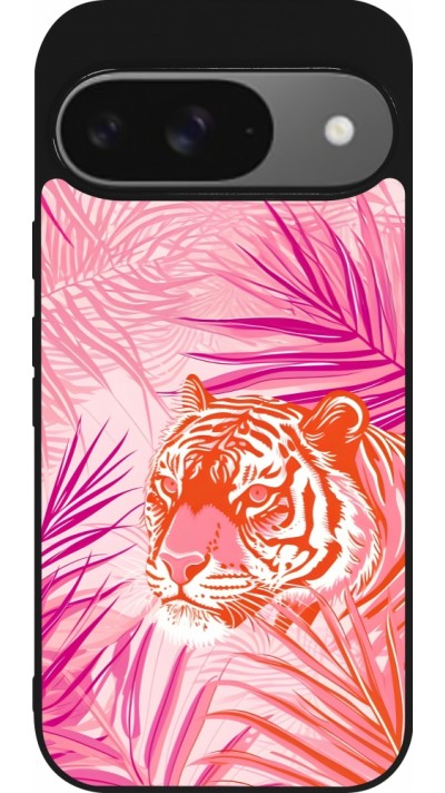 Google Pixel 9 / Pixel 9 Pro Case Hülle - Silikon schwarz Tiger Palmen rosa