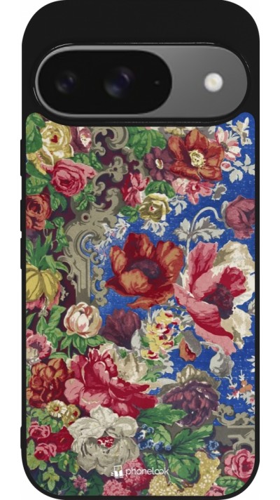 Google Pixel 9 / Pixel 9 Pro Case Hülle - Silikon schwarz Vintage Art Flowers