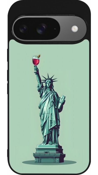 Coque Google Pixel 9 / Pixel 9 Pro - Silicone rigide noir Wine Statue de la liberté avec un verre de vin