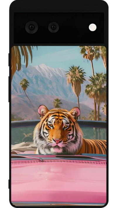 Coque Google Pixel 6 - Silicone rigide noir Tigre voiture rose