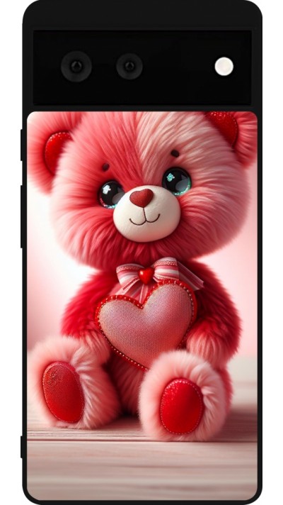 Coque Google Pixel 6 - Silicone rigide noir Valentine 2024 Ourson rose