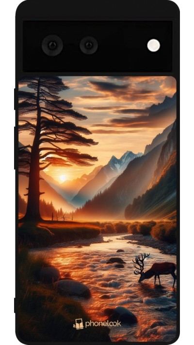 Coque Google Pixel 6 - Silicone rigide noir Valley Sunset Deer Tree