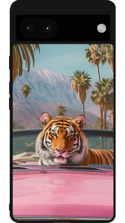 Google Pixel 6a Case Hülle - Silikon schwarz Tiger Auto rosa