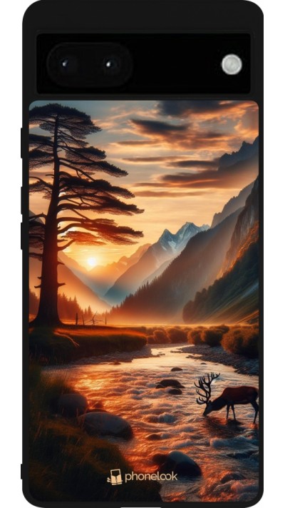 Coque Google Pixel 6a - Silicone rigide noir Valley Sunset Deer Tree