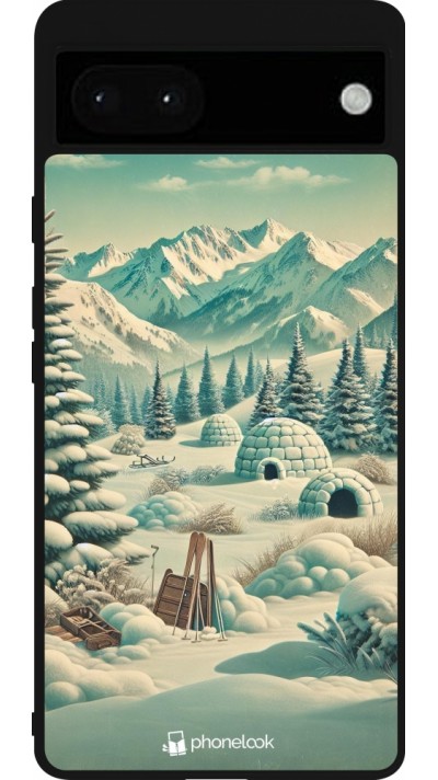 Coque Google Pixel 6a - Silicone rigide noir Vintage Snowy Mountain Igloo