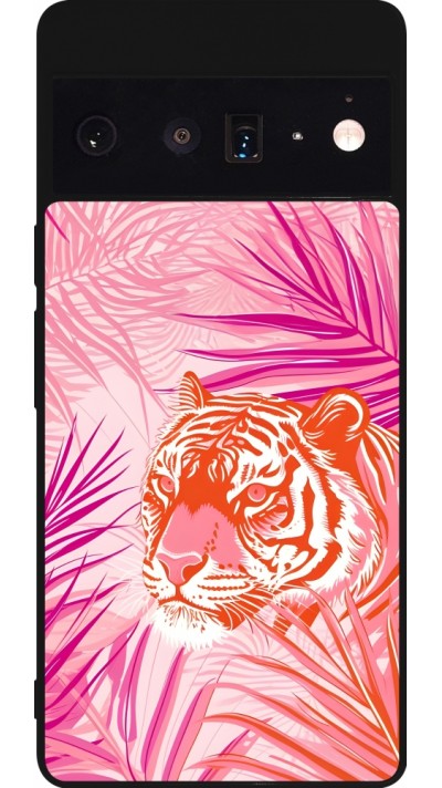 Google Pixel 6 Pro Case Hülle - Silikon schwarz Tiger Palmen rosa