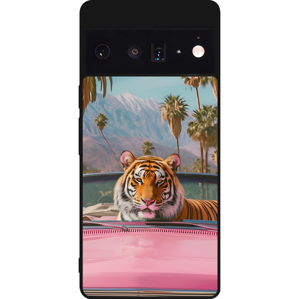 Google Pixel 6 Pro Case Hülle - Silikon schwarz Tiger Auto rosa