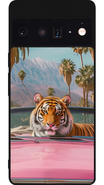 Google Pixel 6 Pro Case Hülle - Silikon schwarz Tiger Auto rosa