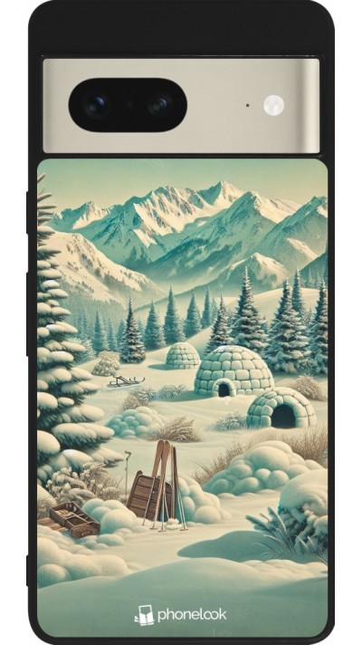 Coque Google Pixel 7 - Silicone rigide noir Vintage Snowy Mountain Igloo