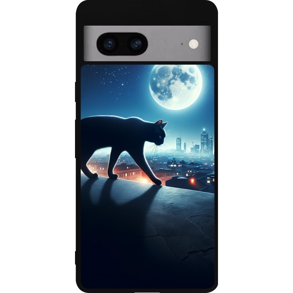 Google Pixel 7a Case Hülle - Silikon schwarz Schwarze Katze unter dem Vollmond