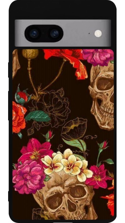 Google Pixel 7a Case Hülle - Silikon schwarz Skulls and flowers