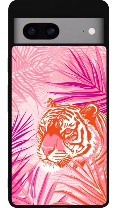Google Pixel 7a Case Hülle - Silikon schwarz Tiger Palmen rosa
