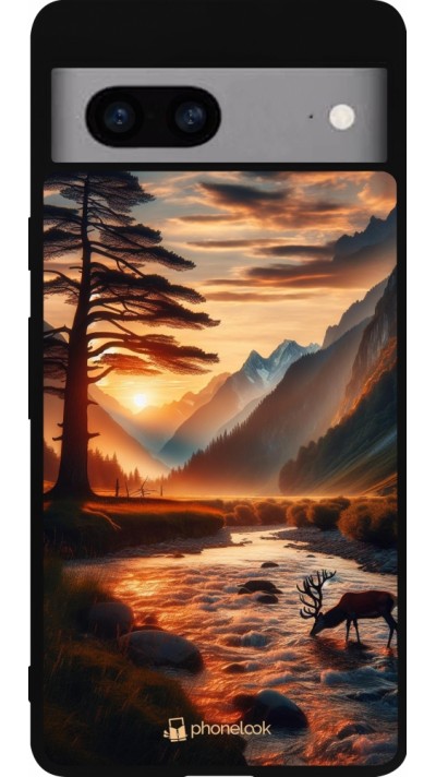 Coque Google Pixel 7a - Silicone rigide noir Valley Sunset Deer Tree