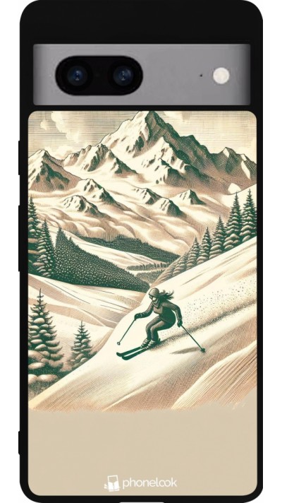 Coque Google Pixel 7a - Silicone rigide noir Vintage Ski Mountain