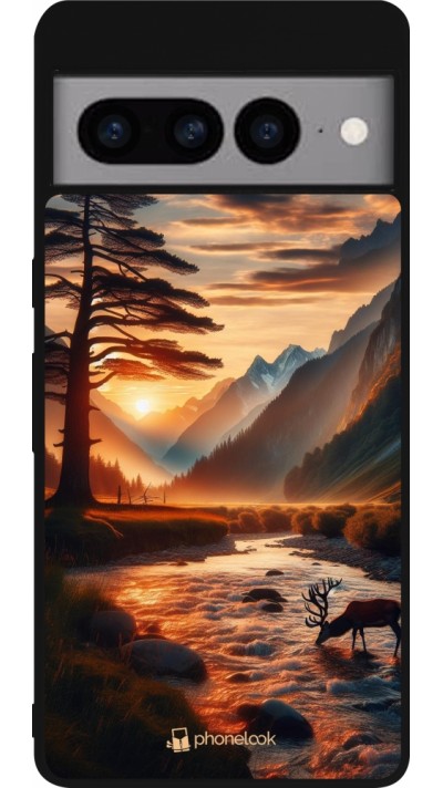 Coque Google Pixel 7 Pro - Silicone rigide noir Valley Sunset Deer Tree