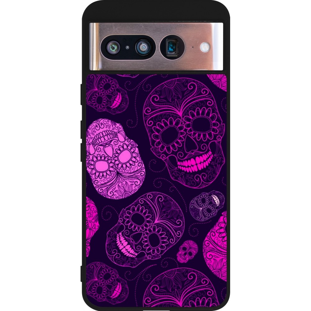 Google Pixel 8 Case Hülle - Silikon schwarz Halloween 2023 pink skulls