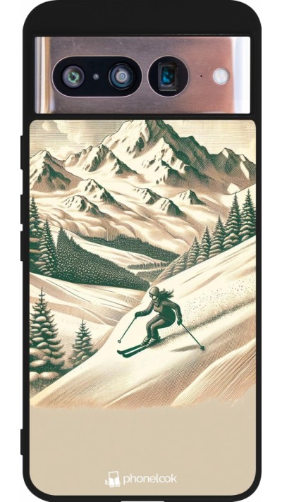 Coque Google Pixel 8 - Silicone rigide noir Vintage Ski Mountain