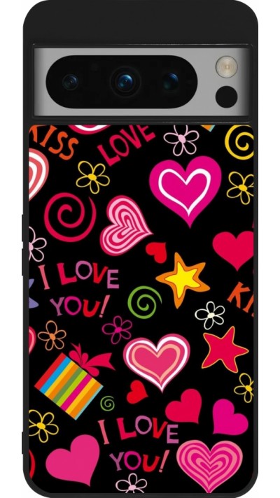 Coque Google Pixel 8 Pro - Silicone rigide noir Valentine 2023 love symbols