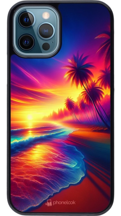 Coque iPhone 12 / 12 Pro - Plage coucher soleil flashy