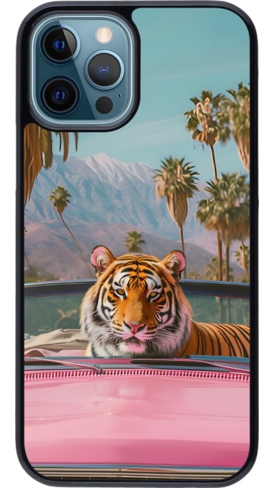 Coque iPhone 12 / 12 Pro - Tigre voiture rose