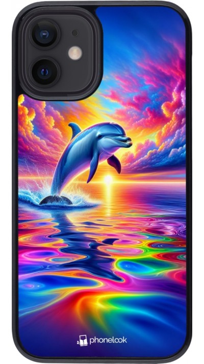 Coque iPhone 12 mini - Dauphin arc-en-ciel heureux