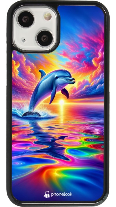 Coque iPhone 13 mini - Dauphin arc-en-ciel heureux