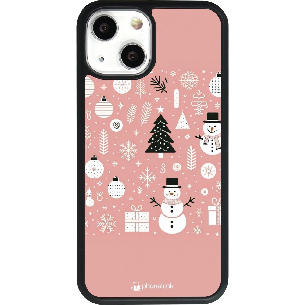 Coque iPhone 13 mini - Silicone rigide noir Noël 2024 Rose Snowman Christmas