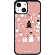 Coque iPhone 13 mini - Silicone rigide noir Noël 2024 Rose Snowman Christmas