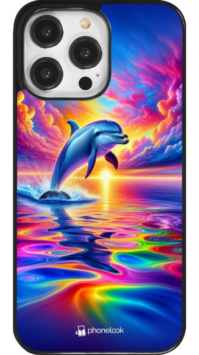 Coque iPhone 14 Pro Max - Dauphin arc-en-ciel heureux