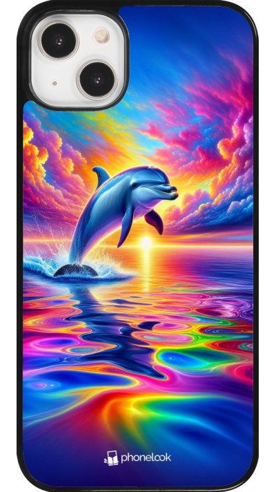 Coque iPhone 14 Plus - Dauphin arc-en-ciel heureux