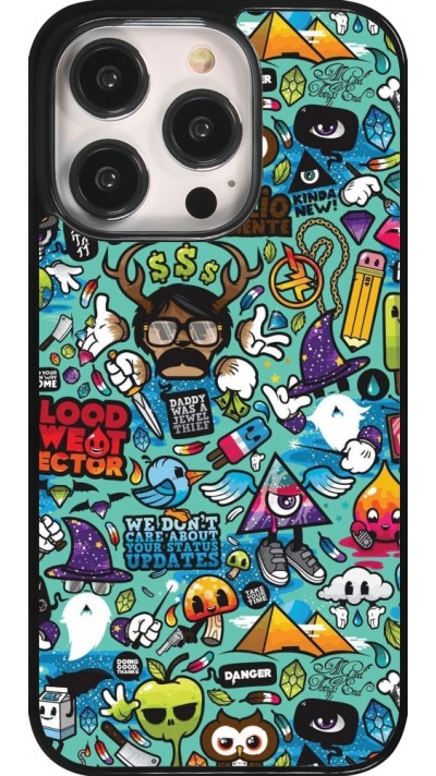 Coque iPhone 14 Pro - Mixed Cartoons Turquoise