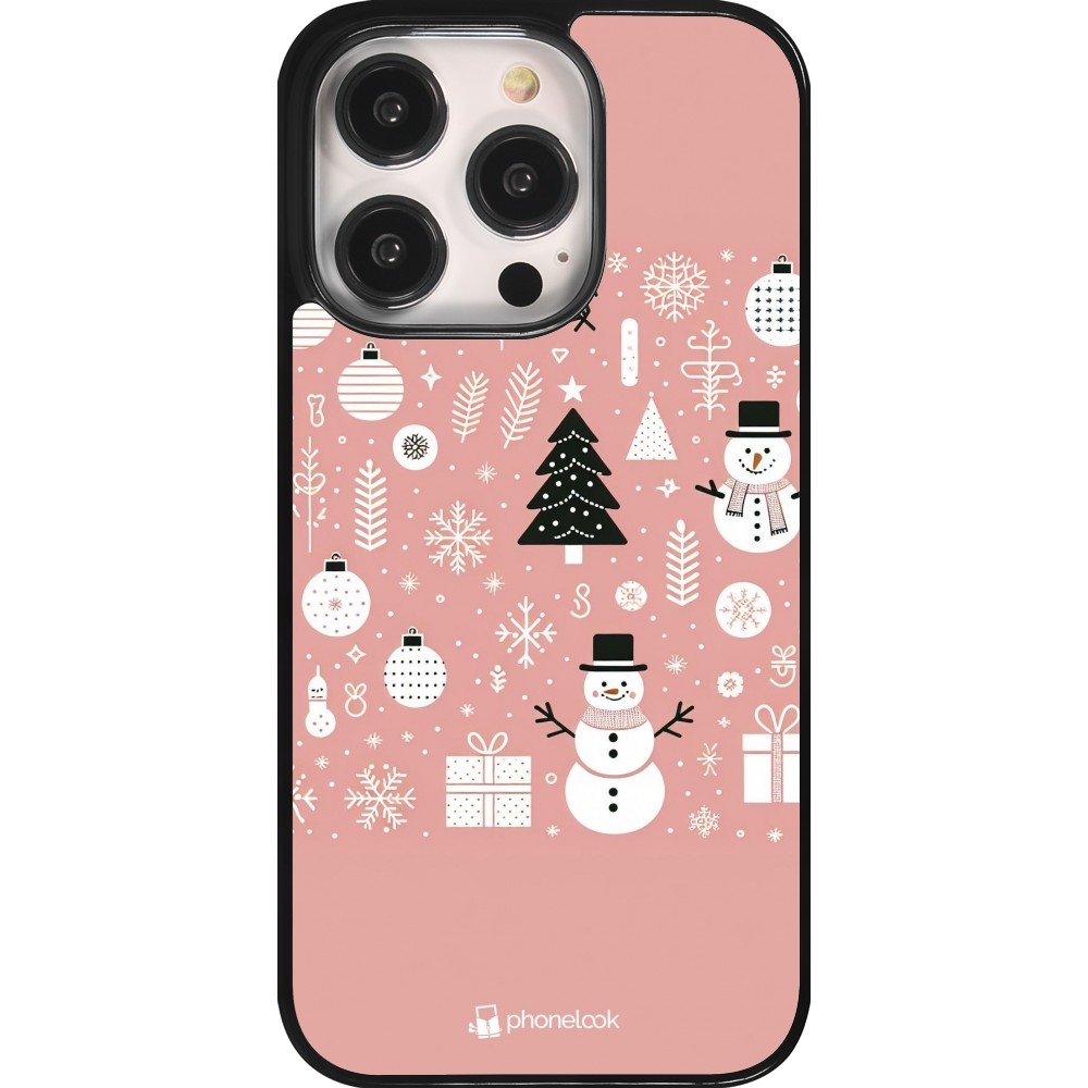 Coque iPhone 14 Pro - Noël 2024 Rose Snowman Christmas