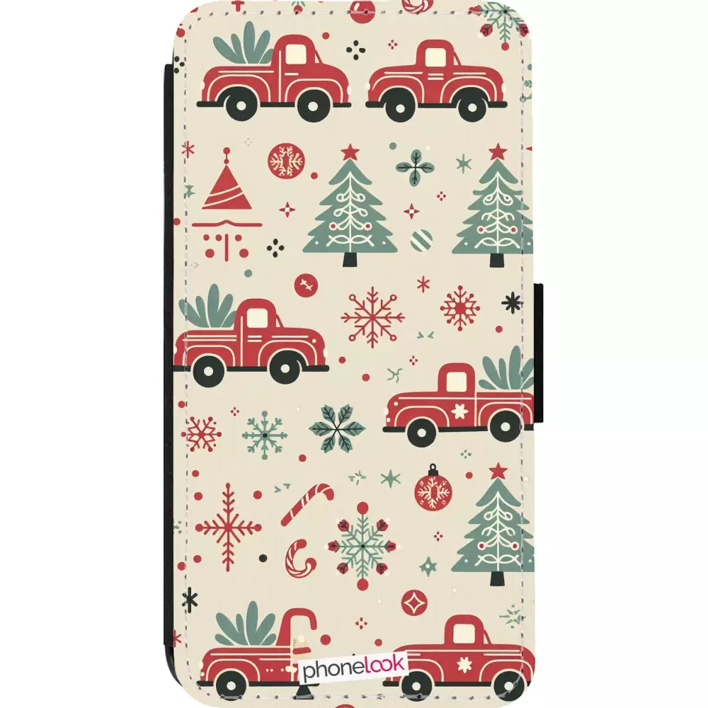 Coque iPhone 14 Pro - Wallet noir Noël 2024 Camion Sapin