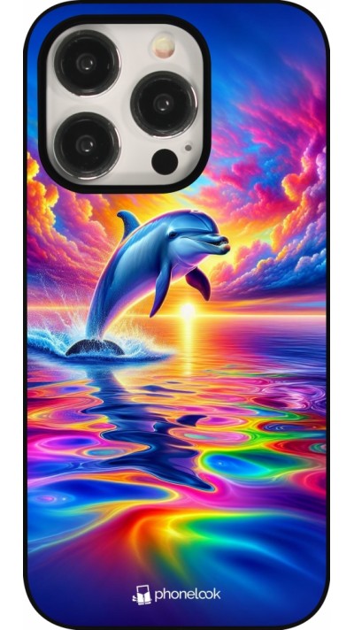 Coque iPhone 15 Pro - Dauphin arc-en-ciel heureux