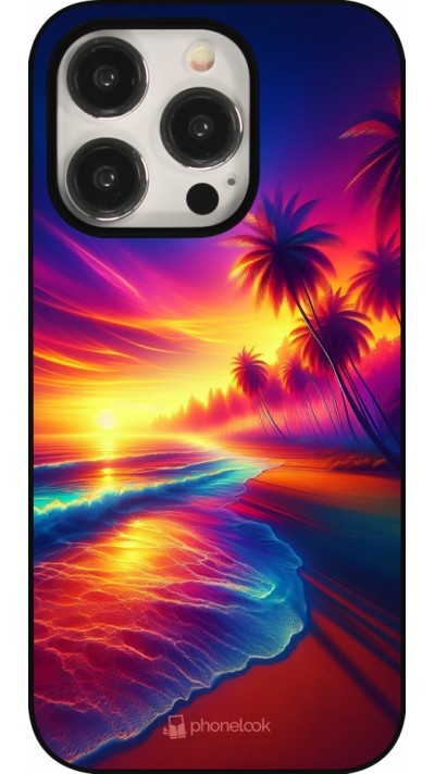 Coque iPhone 15 Pro - Plage coucher soleil flashy