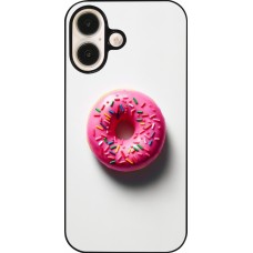 Coque iPhone 16 - Weißer Hintergrund, pinker Donut