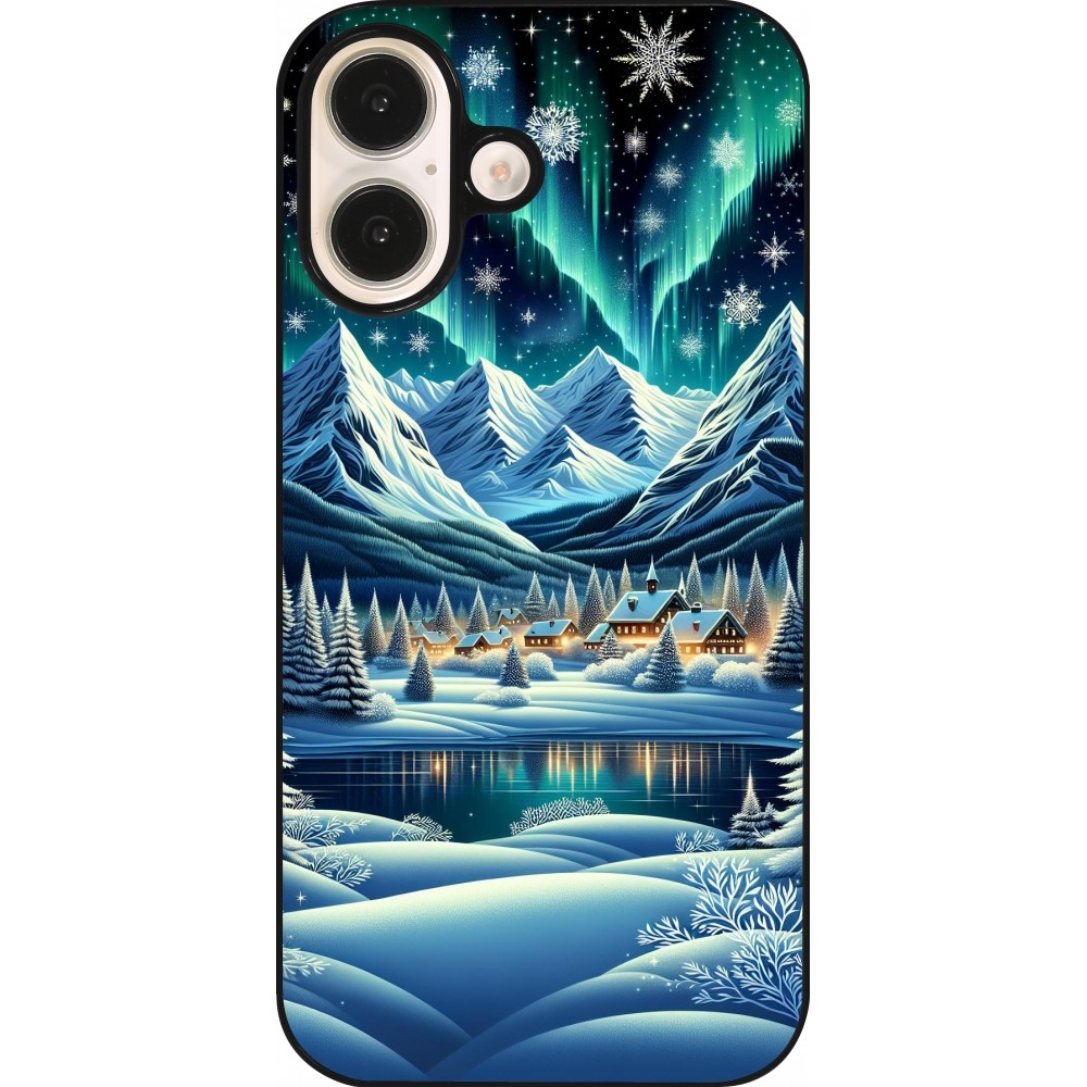 Coque iPhone 16 - Snowy Mountain Village Lake night