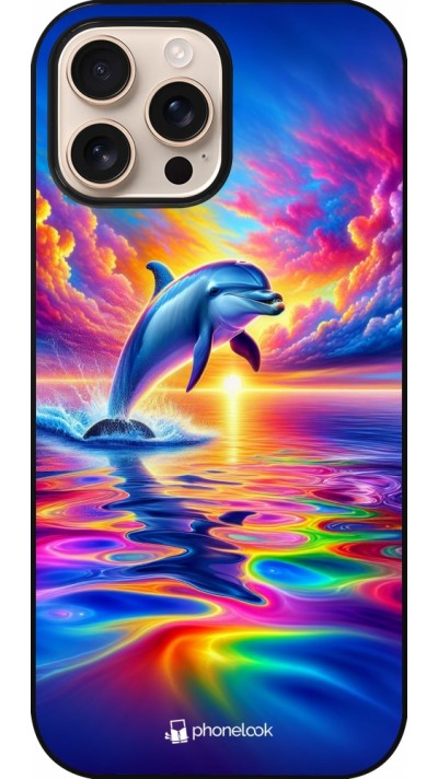 Coque iPhone 16 Pro Max - Dauphin arc-en-ciel heureux