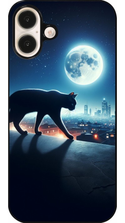 Coque iPhone 16 Plus - Chat noir sous la pleine lune