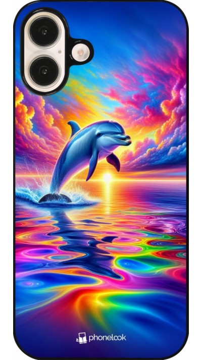 Coque iPhone 16 Plus - Dauphin arc-en-ciel heureux