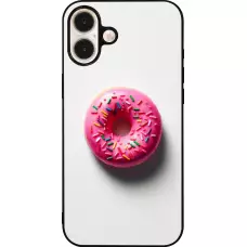 Coque iPhone 16 Plus - Silicone rigide noir Weißer Hintergrund, pinker Donut