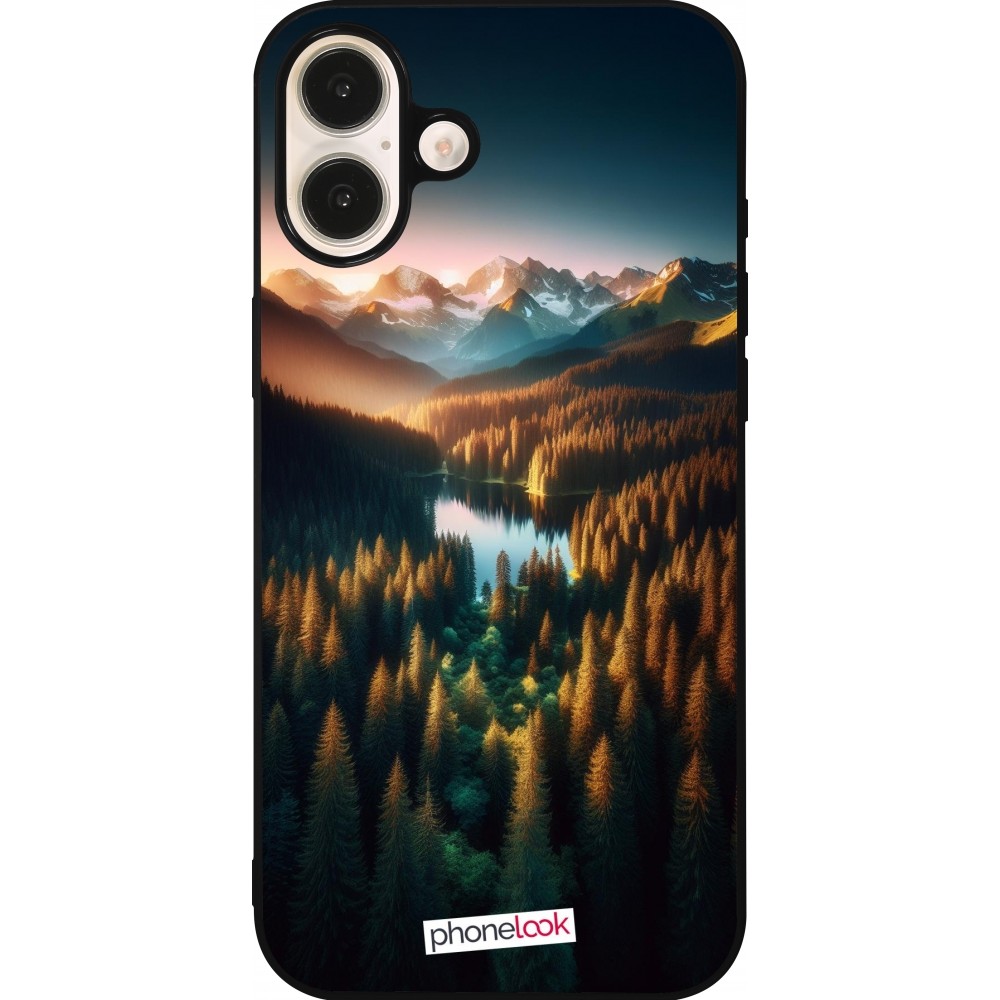 iPhone 16 Plus Case Hülle - Silikon schwarz Sonnenuntergang Waldsee