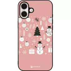 Coque iPhone 16 Plus - Silicone rigide noir Noël 2024 Rose Snowman Christmas