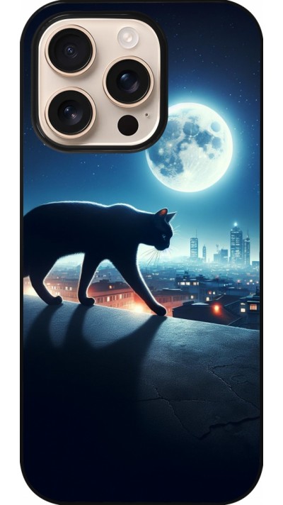 Coque iPhone 16 Pro - Chat noir sous la pleine lune