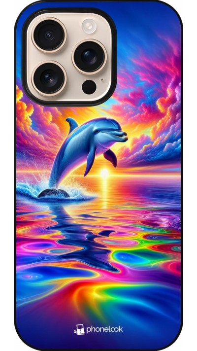 Coque iPhone 16 Pro - Dauphin arc-en-ciel heureux