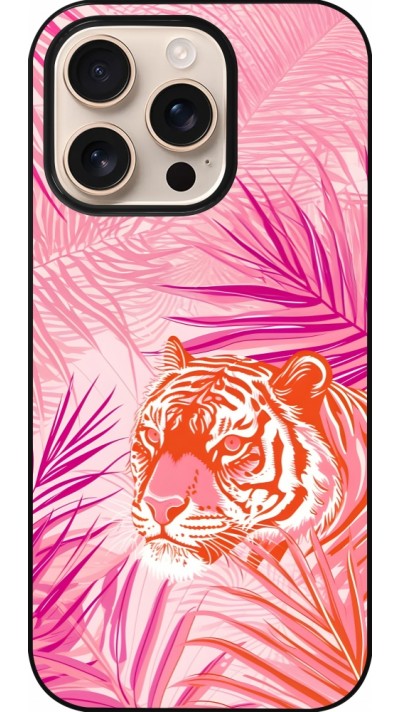 Coque iPhone 16 Pro - Tigre palmiers roses