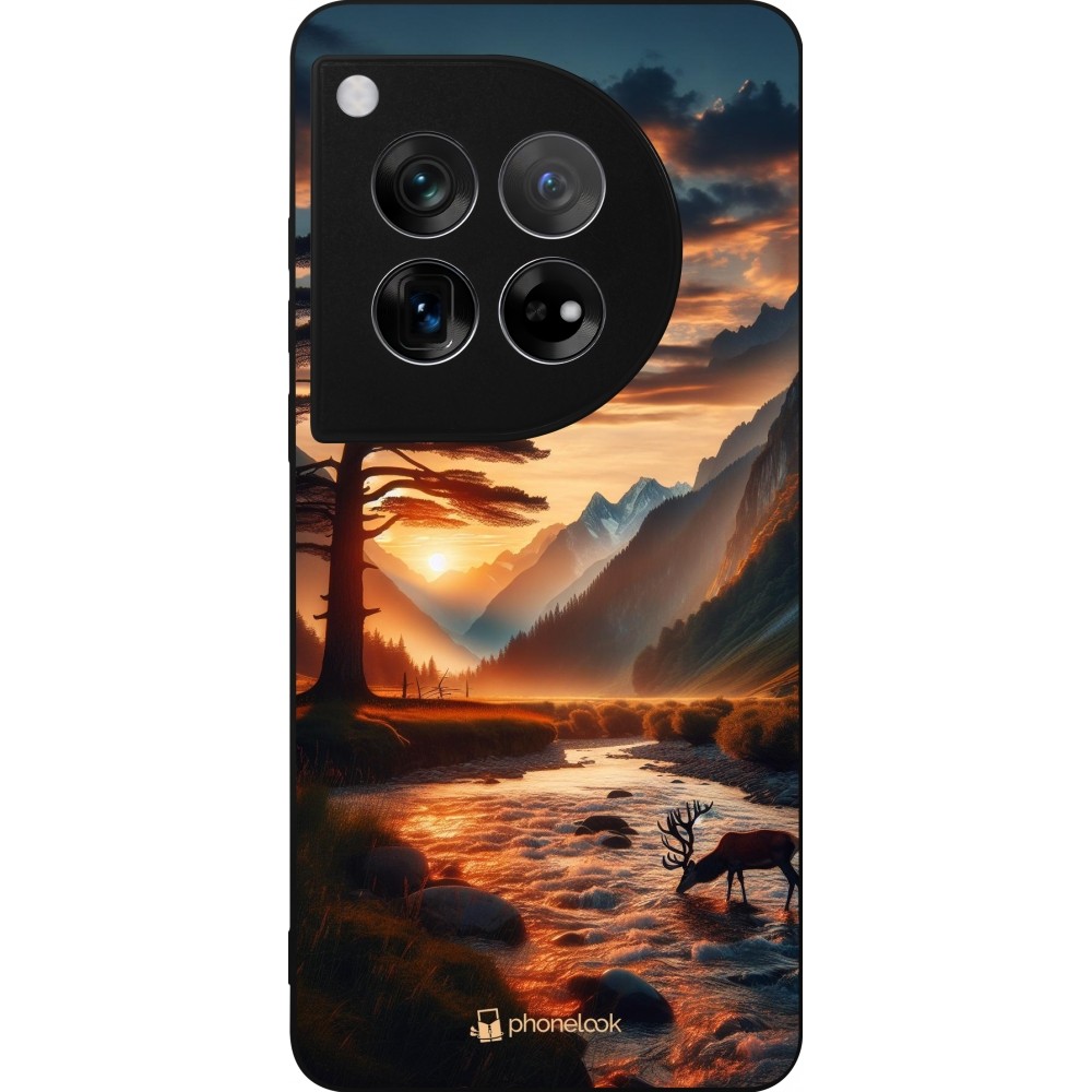 OnePlus 12 Case Hülle - Silikon schwarz Tal Sonnenuntergang Hirsch Baum