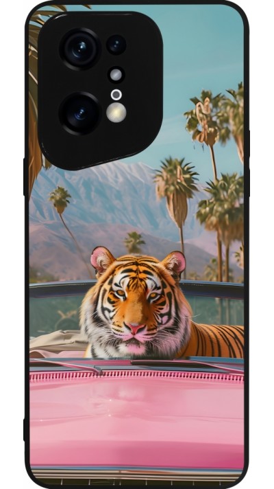 Coque OPPO Find X5 Pro - Silicone rigide noir Tigre voiture rose