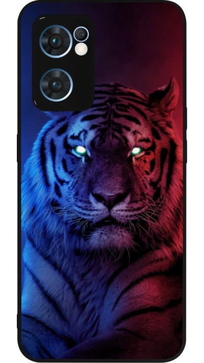 Coque OPPO Reno7 5G - Silicone rigide noir Tiger Blue Red