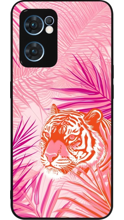 Coque OPPO Reno7 5G - Silicone rigide noir Tigre palmiers roses